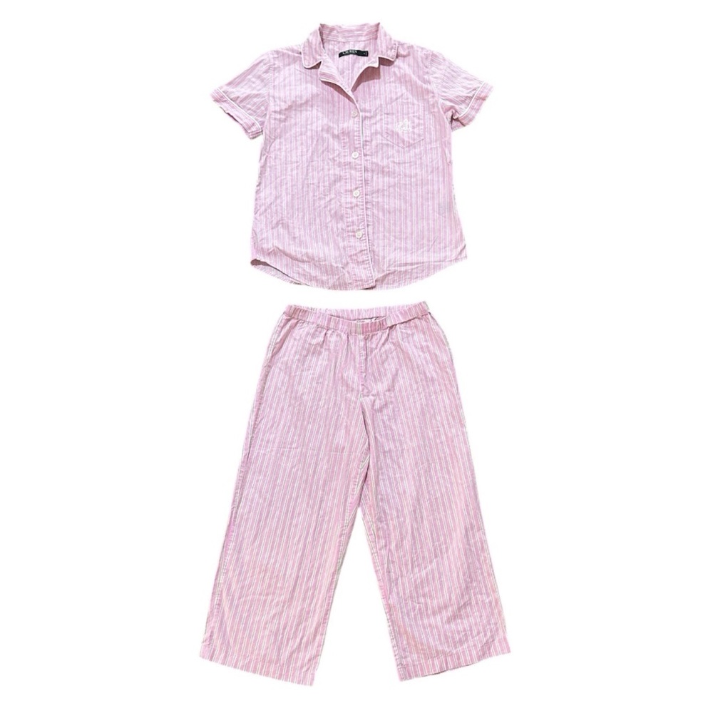 Lauren Ralph Lauren Women’s Pink Green & White Striped 100% Cotton PJ Set Small